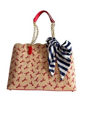 Betsey Johnson Lobster Print Straw Tote with Blue Stripe Scarf—NWT